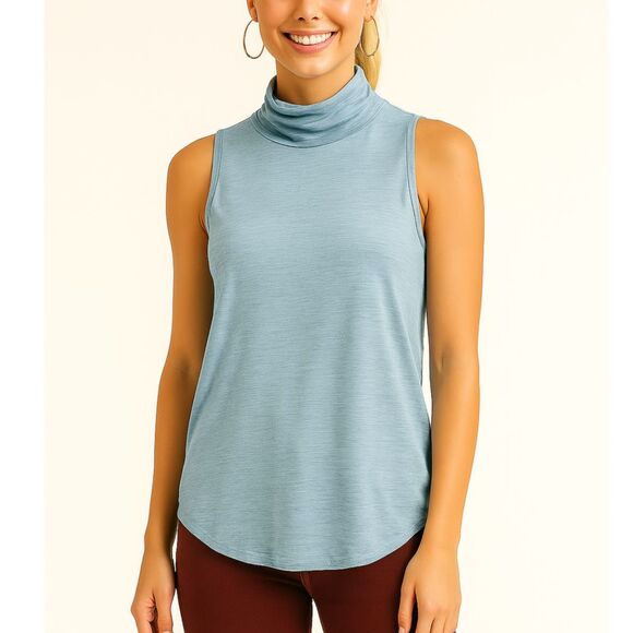 NWT Chaser Gauze Jersey Mock Neck Muscle Tank w/ Raw Edge Hem Light Blue Small - Picture 1 of 13